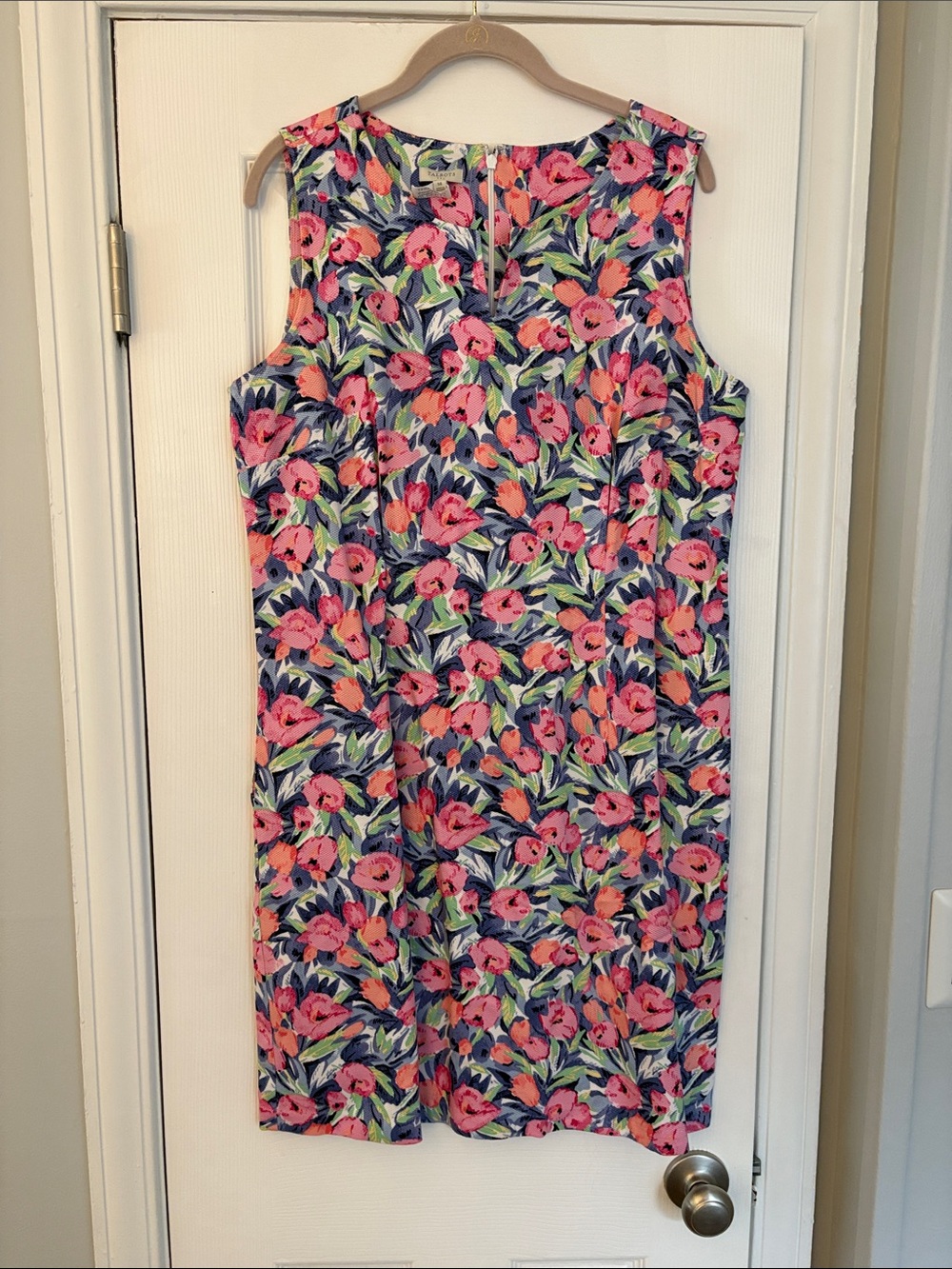 Talbots Pink Navy Blue Floral Sleeveless Shift Dress Size 14 Career Casual Work